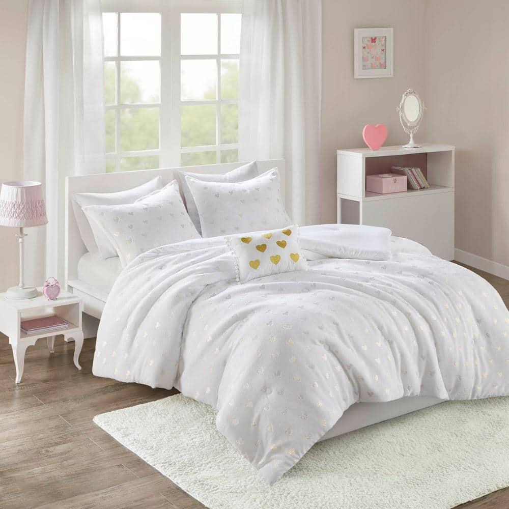 Mi Zone Full/Queen Audrey Metallic Print Plush Microfiber Soft Comforter Set with Throw Pillow White: Hypoallergenic, Transitional Style