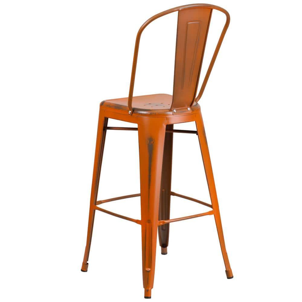 Flash Furniture Commercial Grade 30" High Distressed Orange Metal Indoor-Outdoor Barstool with Back