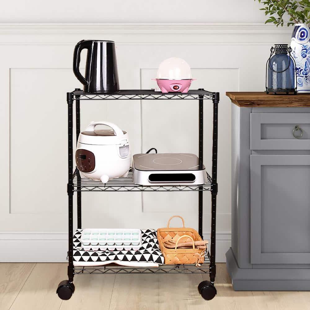 Black Adjustable 3-Tier Metal Wire Shelving Unit with Wheels