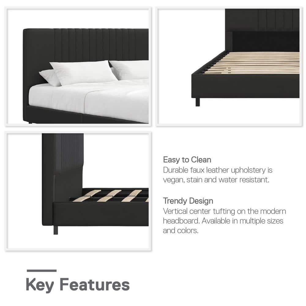 RealRooms Rio Faux Leather Upholstered Platform Bed with Tufted Headboard, Full, Black