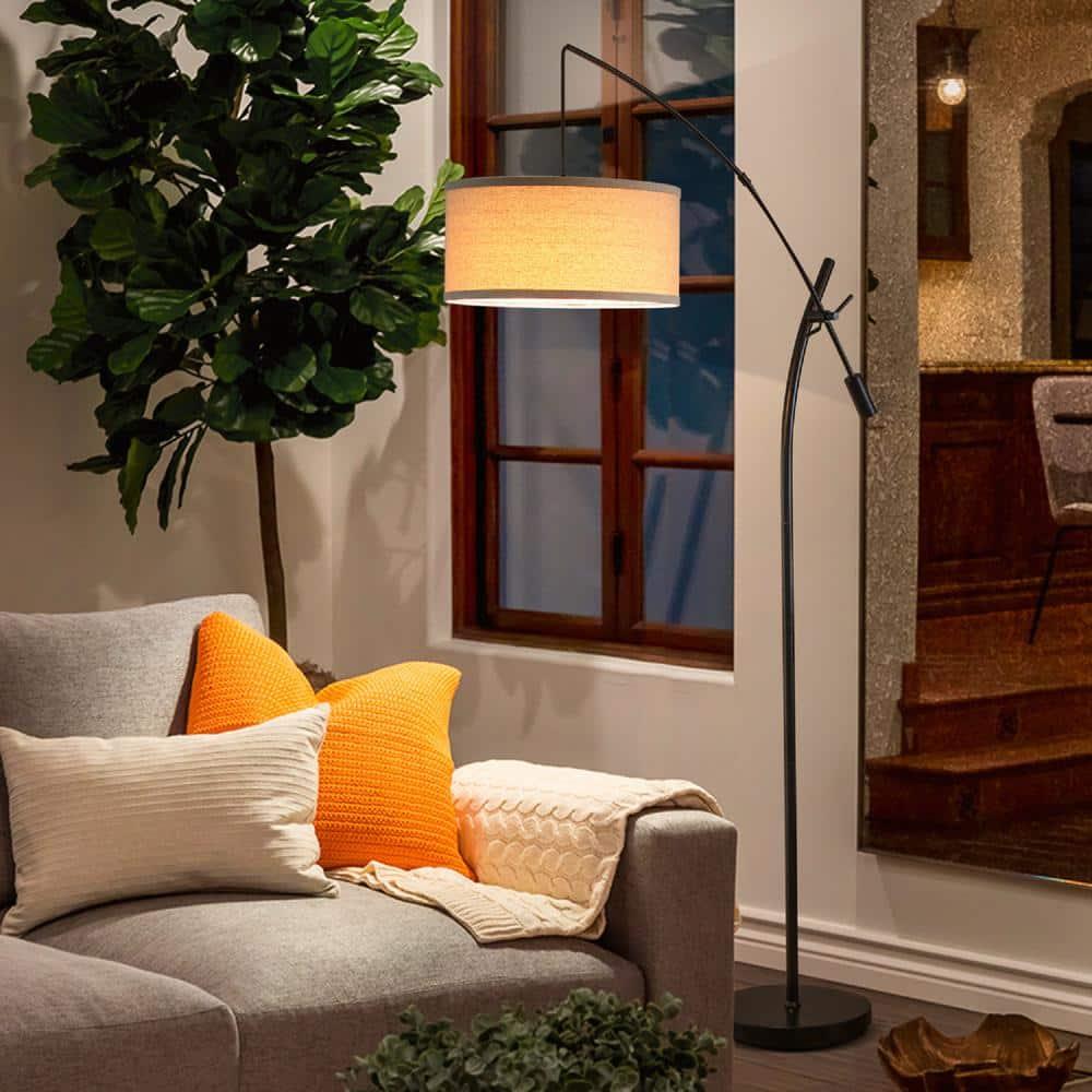 Brightech Grayson 84 in. Mid-Century Modern Height-Adjustable LED Arched Floor Lamp with Beige Fabric Drum Shade
