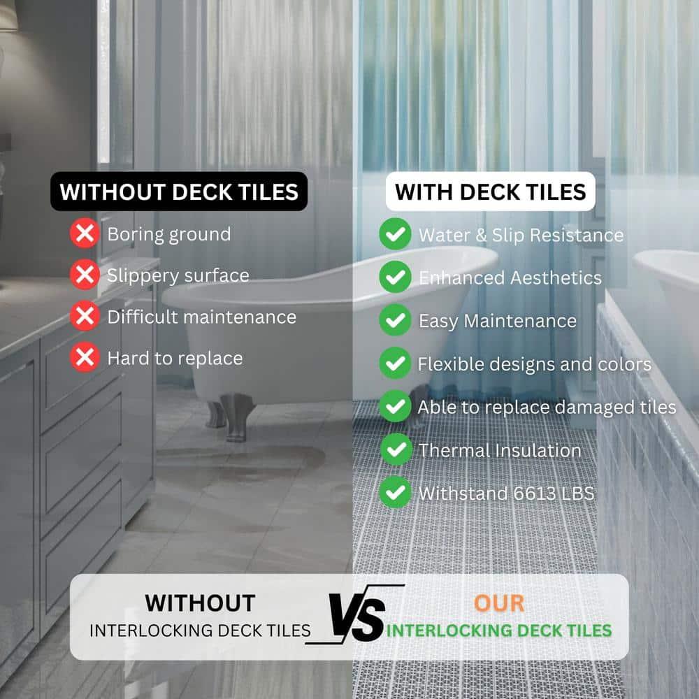 LoLado 12Pcs Plastic Interlocking Deck Tiles 12" x 12" Rosette Pattern Waterproof Outdoor All Weather Anti-slip Tiles for Bathroom Shower Balcony Porch, Gray