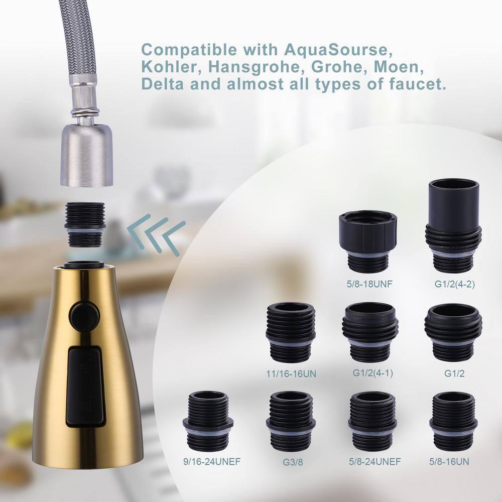 Kitchen Faucet Sprayer Head Replacement - Pull Down Faucet Spray Head with 11 Adapters, Pull Out Faucet Sprayer Nozzle, 3 Function Kitchen Tap Spray Spout Part Connector, Brushed Gold