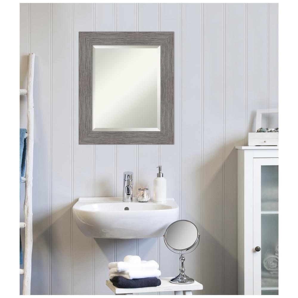 Amanti Art Grey Bathroom Mirror for Over Sink, 26x22 Pinstripe Plank Grey Rectangle Vanity Mirror, Small Country Rustic Frame, Hangs Horizonally and Vertically, Bathroom Wall Decor, Beveled Edge