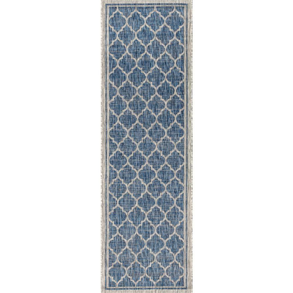 2' X 10' Trebol Moroccan Trellis Textured Weave Indoor/Outdoor Runner Rug, Navy/Gray - JONATHAN Y