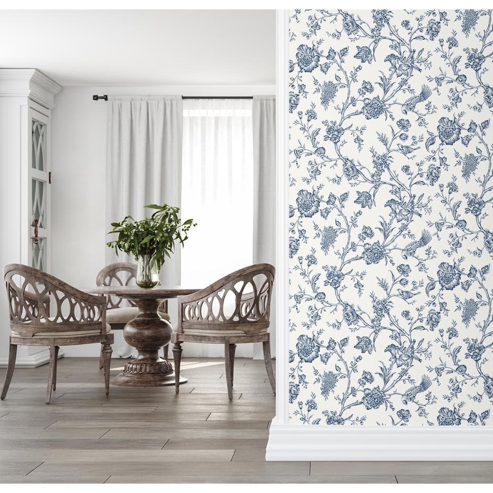 NextWall Navy Blue Jasmine Chinoiserie Peel and Stick Wallpaper