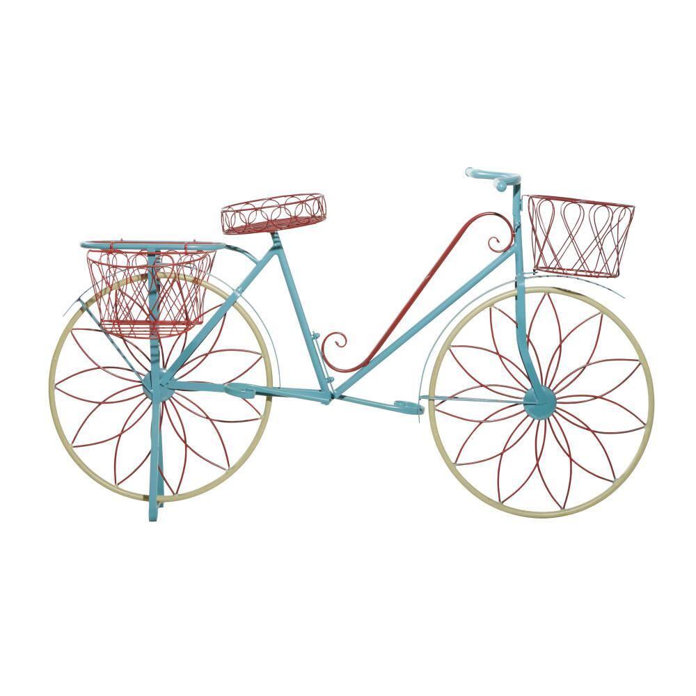 DecMode Vintage Turquoise/Red 3 Tier Bicycle Inspired Metal Plantstand, 54"W x 32"H