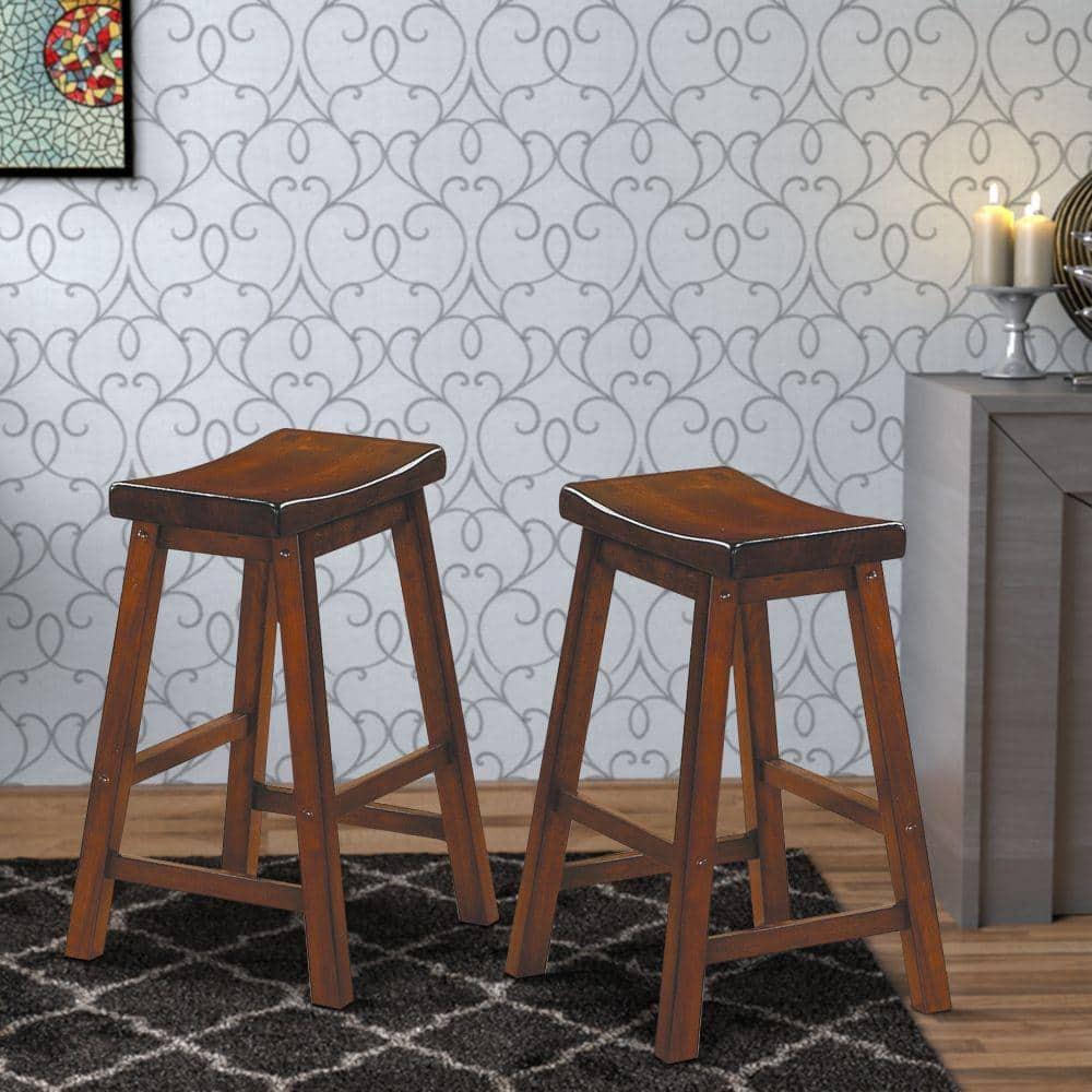 Wooden 24" Counter Height Stool with Saddle Seat, Warm Cherry Brown, Set Of 2