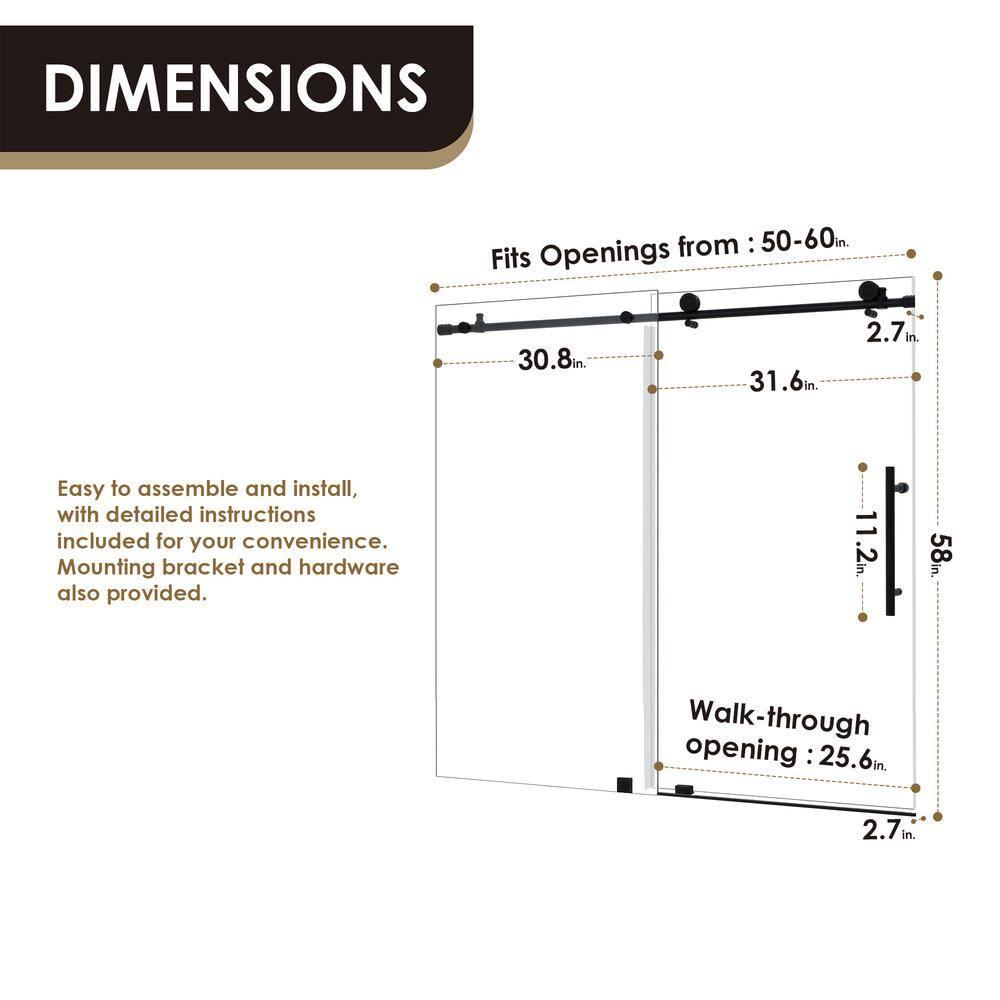 56" - 60" W x 58" H Single Sliding Frameless Tub Door