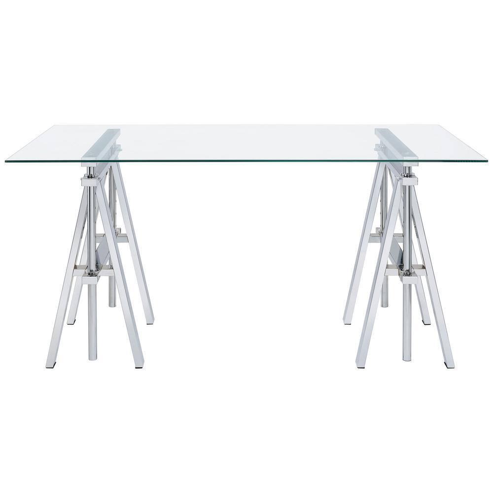Statham Glass Top Adjustable Sawhorse Standing Desk Chrome - Coaster: Industrial Style, Manual Height Adjustability