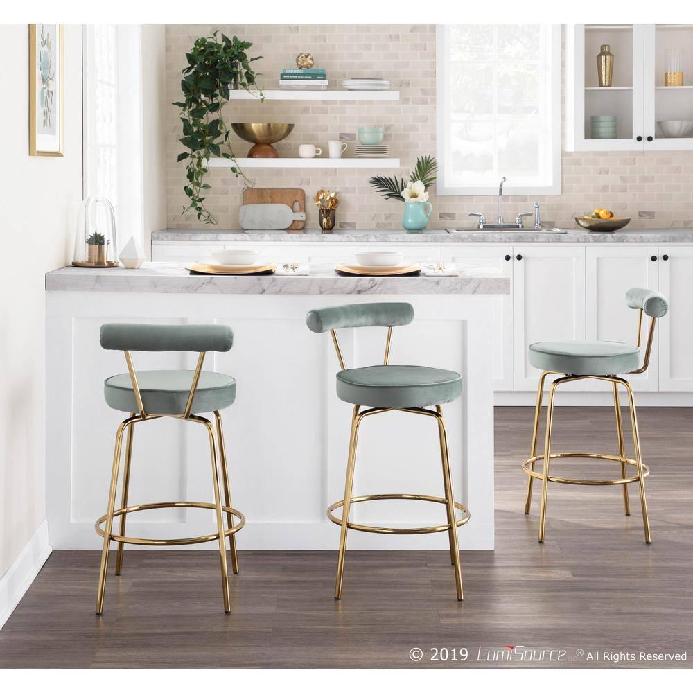 LumiSource Set of 2 Rhonda Glam Counter Height Barstools Sage Green Velvet: Upholstered Swivel, Metal Legs, Spot Clean