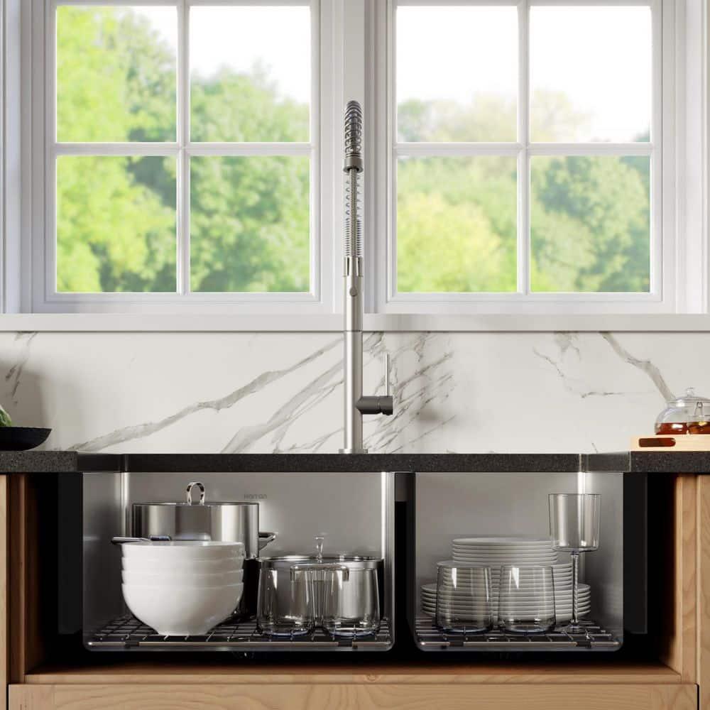 Karran 16-Gauge Stainless Steel 33'' X 22-1/4'' 60/40 Double Bowl Farmhouse Apron Front Sink Kit