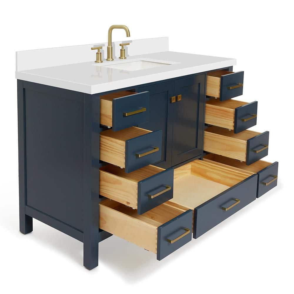 ARIEL 49" Bathroom Vanity with 1.5" Edge Pure White Quartz Countertop & Backsplash, Center Rectangular Sink, 2 Soft Closing Doors, 9 Full Extension Dovetail Drawers, Brushed Nickel - Midnight Blue