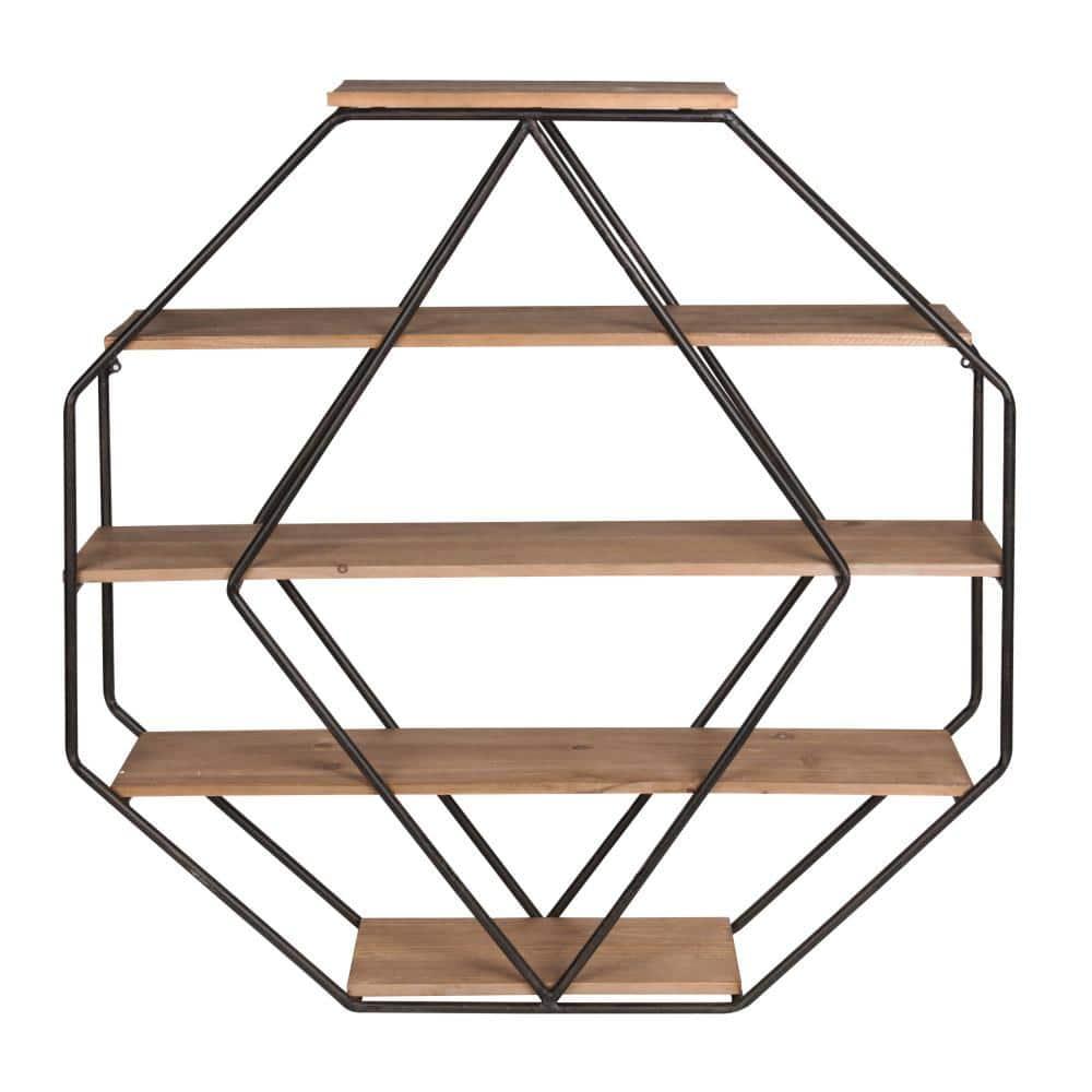 Kate & Laurel All Things Decor Wall Shelf Octagon Shaped Walnut/Black: 5-Tier Metal Floating Decorative Shelving