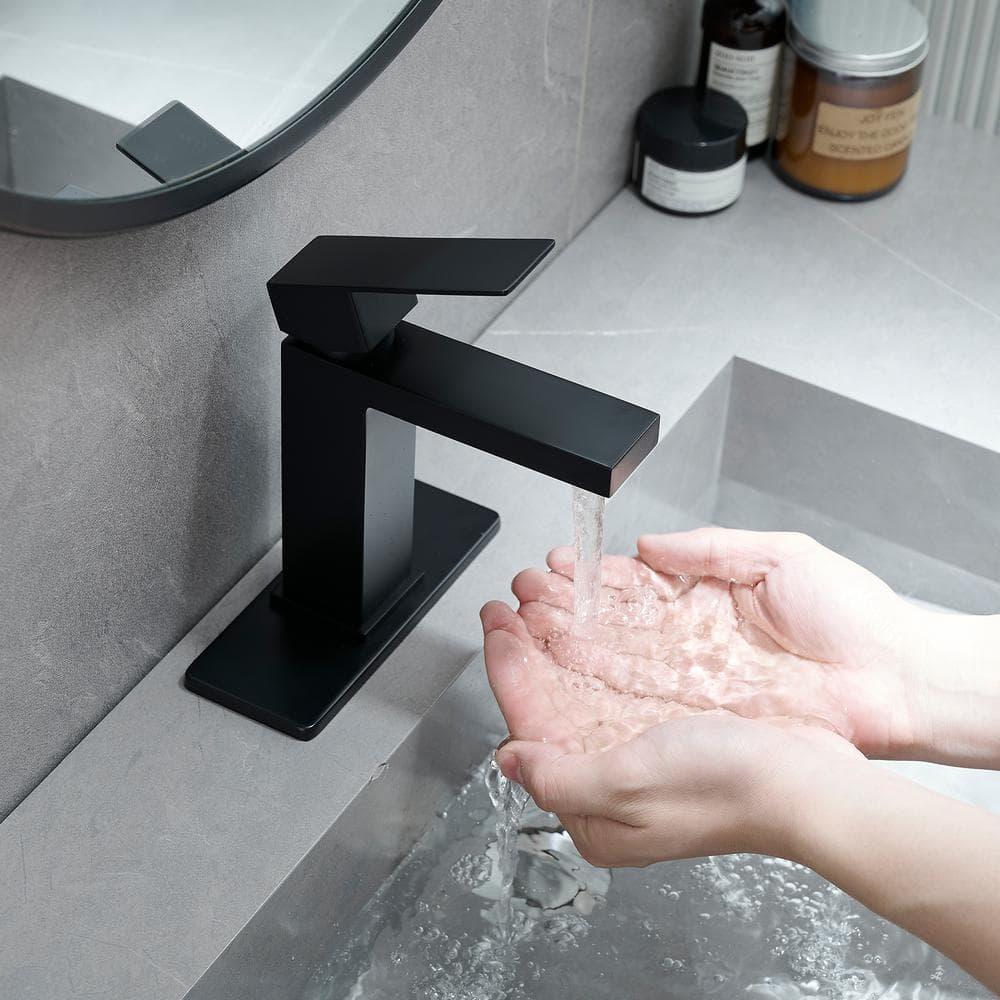 Matte Black Single Hole Bathroom Faucet,Vanity Faucet Modern Commercial RV with Deck Plate for 1 or 3 Hole, Single Handle Stainless Steel Bathroom Sink Faucet with Pop-up Drain