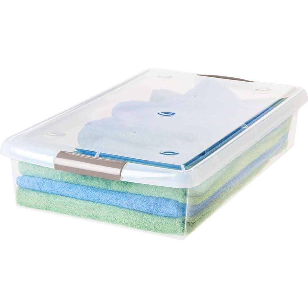 IRIS USA 40 Qt Plastic Under Bed Storage Stackable Nestable Organizer Bin Container with Secure Lids and Durable Tan Buckles, Clear