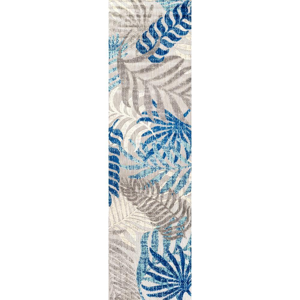 JONATHAN Y Tropics Palm Leaves Indoor/Outdoor Gray/Blue 2 ft. x 8 ft. Runner Rug