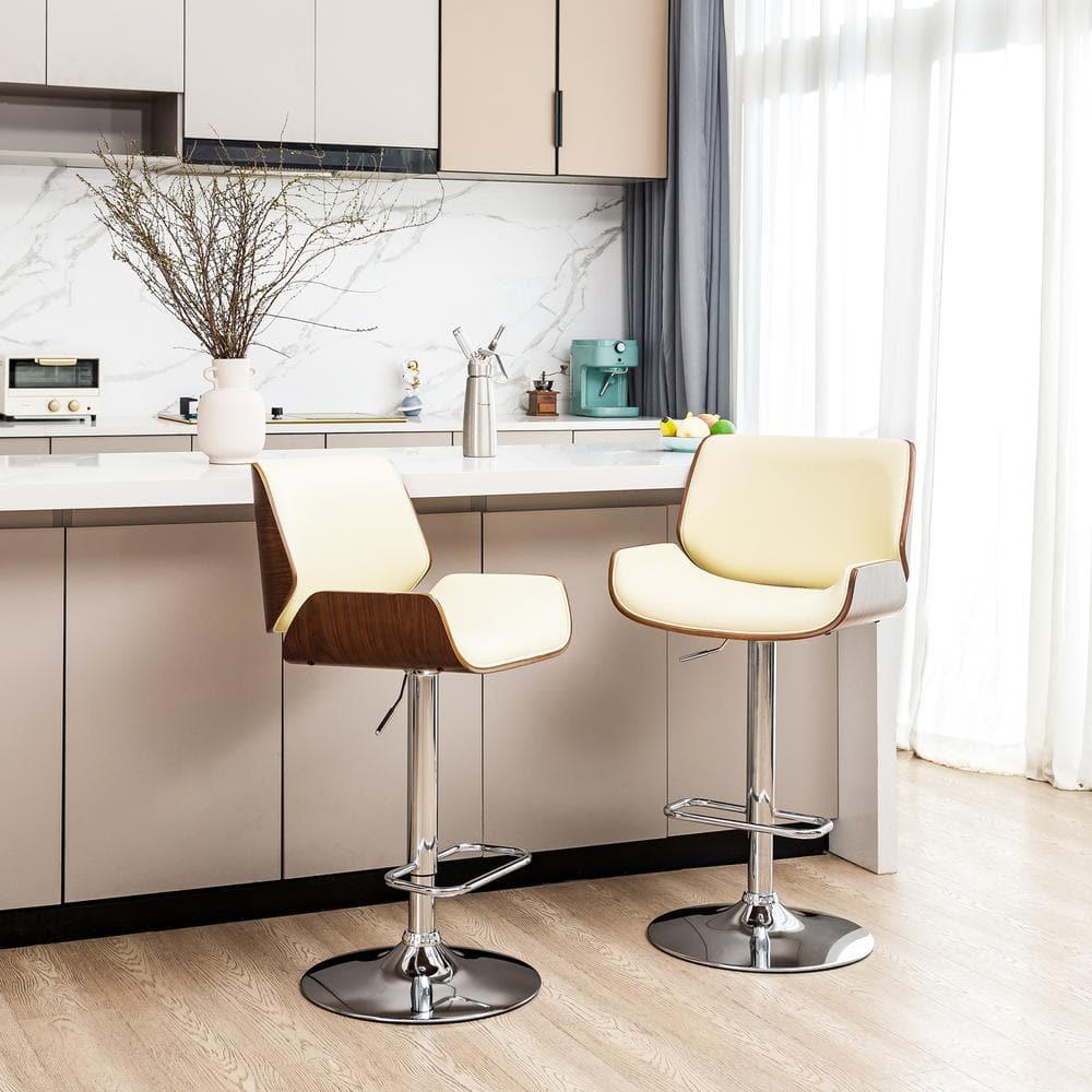 Glitzhome Set of 2 Leatherette Adjustable Height Swivel Bar Stools Chrome Plated Base Beige : Upholstered, Steel Legs, Rectangle Shape