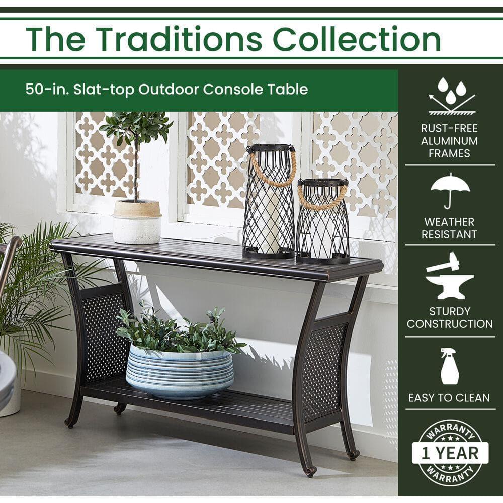 Hanover Traditions Outdoor Patio 50" Slat Top Console Table, 2 Shelf, Brushed Bronze Finish, Rust-Resistant, All-Weather - TRADCONTBL