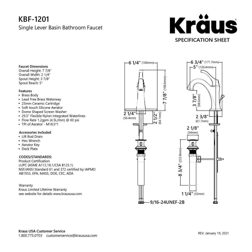 Kraus Arlo Single Hole 1-Handle WaterSense Bathroom Sink Faucet with Drain and Deck Plate