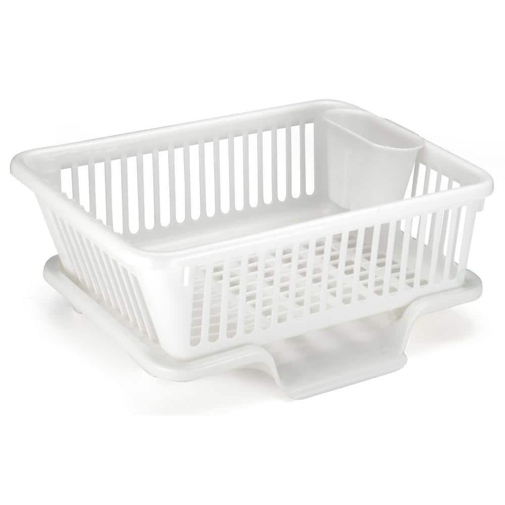 Basicwise Heavy Duty 2-Piece Plastic Dish Drying Rack Set in White - Includes Large Dish Drainer, Attached Drainboard, and Utensil Cup Holders for Home Kitchen Countertop Organization