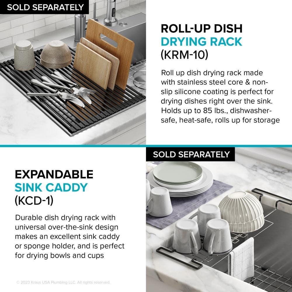 Kraus KHT411-25 Standart Pro Drop-in Topmount 16 Gauge Single Bowl 2-Hole Stainless Steel Set (5 Item Bundle: Sink, Bottom Grid, Assembly, Drain Cap, Kitchen Towel), 25 Inch, Tight Radius
