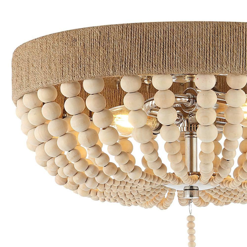 JONATHAN Y Justina Wood Bead 14" 2-Light Farmhouse Bohemian Iron LED Flush Mount, Light Taupe/Chrome, JYL1307A