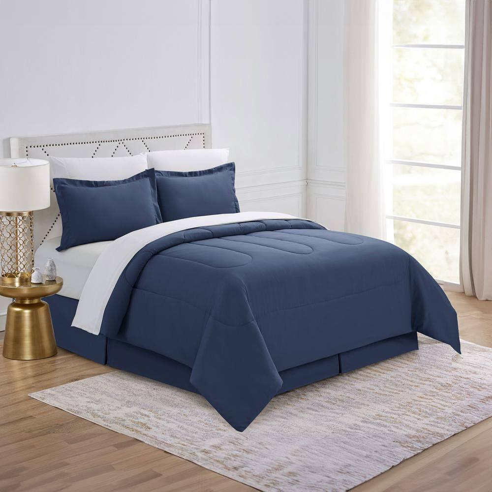 Swift Home | 8-Piece Ultra Soft Solid Bed-In-A-Bag Bedding Set Indigo Full