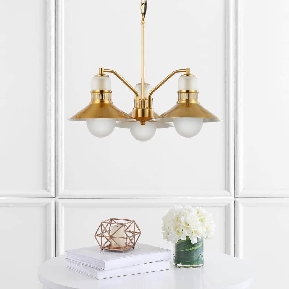 JONATHAN Y JYL6122A Colin 3-Light 22" Adjustable Iron/Glass Retro Hurricane LED Chandelier, Contemporary, Glam for living room, dinning room, bedroom, office Bulb Included, Brass Gold