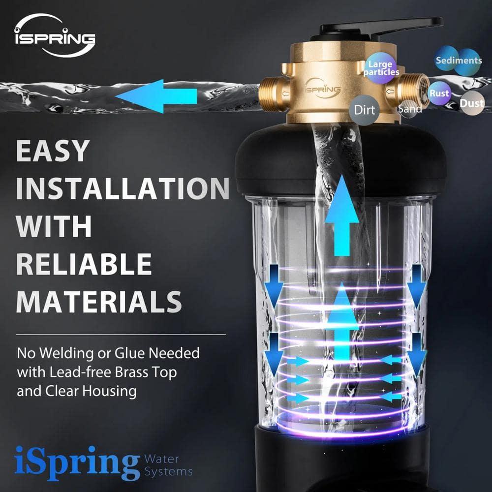 iSpring WSPARJ-BP Whole House Prefilter, Spin-Down Sediment Water Filter with Bypass, Upgraded Clear Housing, Jumbo Size, Flushable and Reusable, Touch-Screen Auto Flushing, 4 Modes