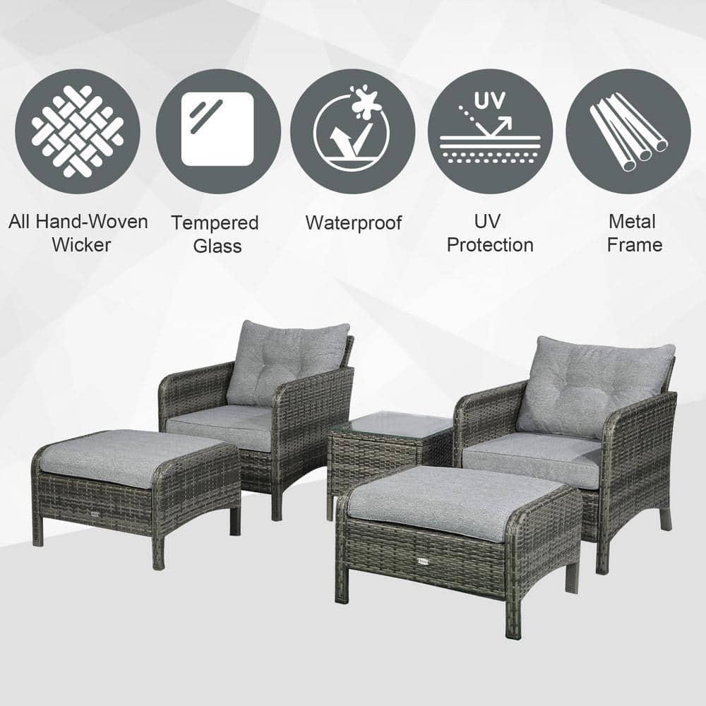 Outsunny 5 Pieces Rattan Wicker Lounge Chair Outdoor Patio Conversation Set with 2 Cushioned Chairs, 2 Ottomans & Glass Coffee Table, Gray