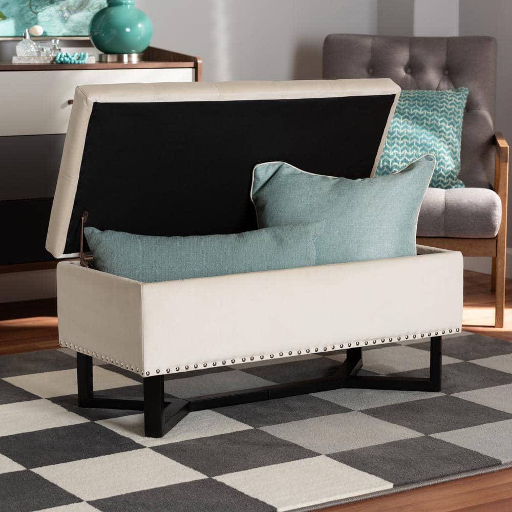 Esther Modern and Contemporary Beige Velvet Fabric Upholstered and Wood Storage Ottoman
