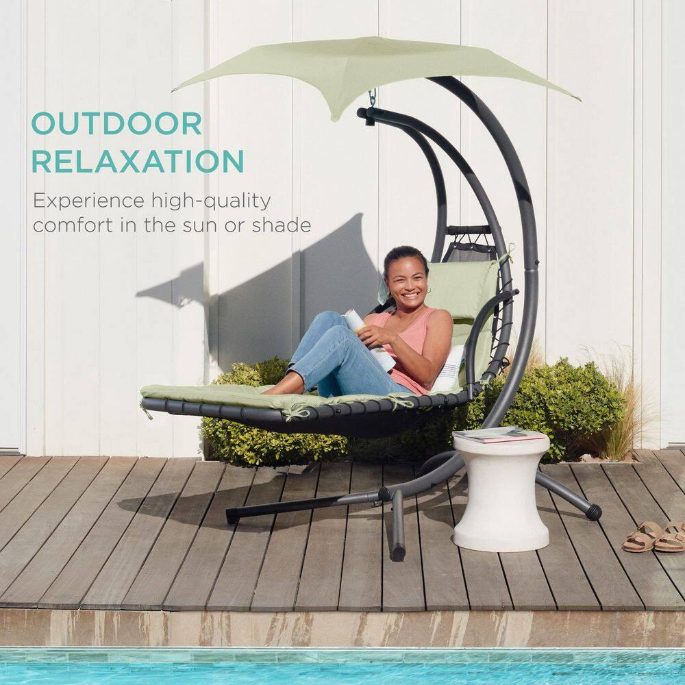 Best Choice Products Hanging Curved Chaise Lounge Chair Swing for Backyard, Patio w/ Pillow, Shade, Stand - Sage