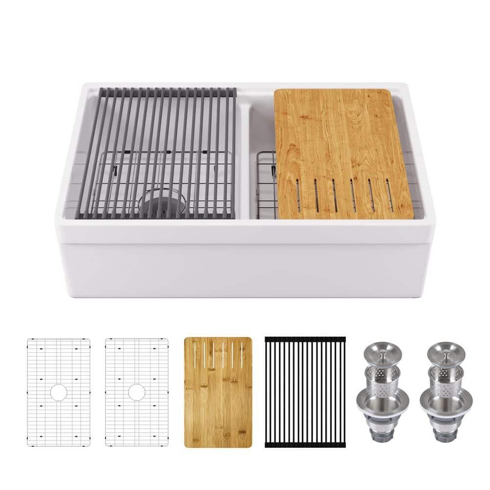 33" L X 20" W White Fireclay Double Bowl Workstation Farmhouse Kitchen Sink with Cutting Board And Dish-Drying Rack