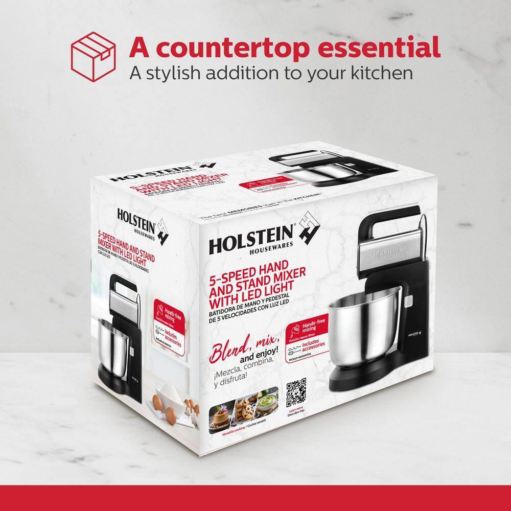Holstein Housewares 2.9 QT 5-Speed Hand and Stand Mixer with LED Light, Black/Stainless Steel