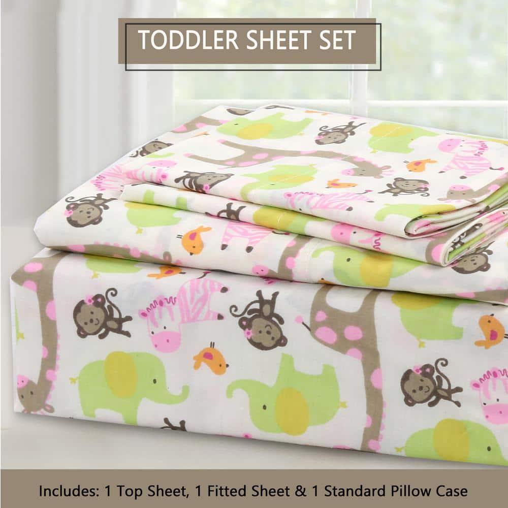 3-Piece Cotton Toddler Sheet Set for Kids Boys & Girls (Animals, Fish, Sports, Floral) Zoo Friends