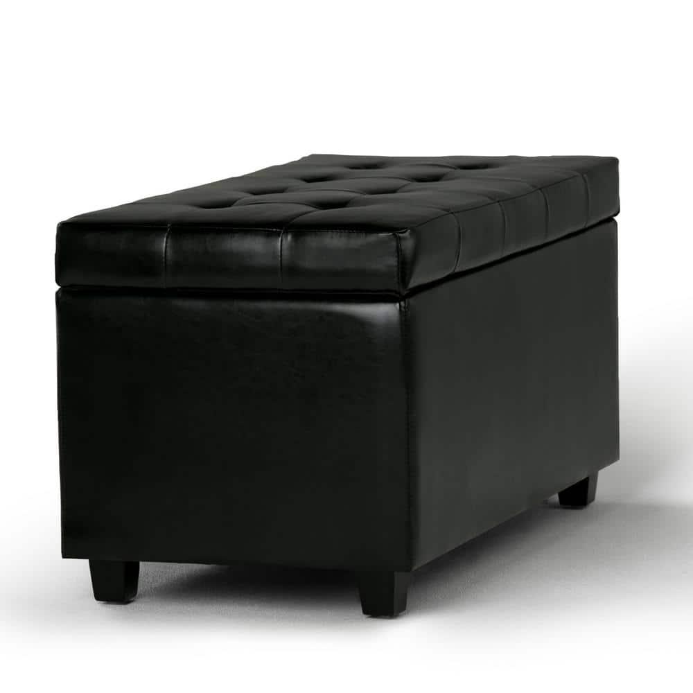 Simpli Home Cosmopolitan 34"W Upholstered Storage Ottoman with Tufted Design and Large Interior Storage