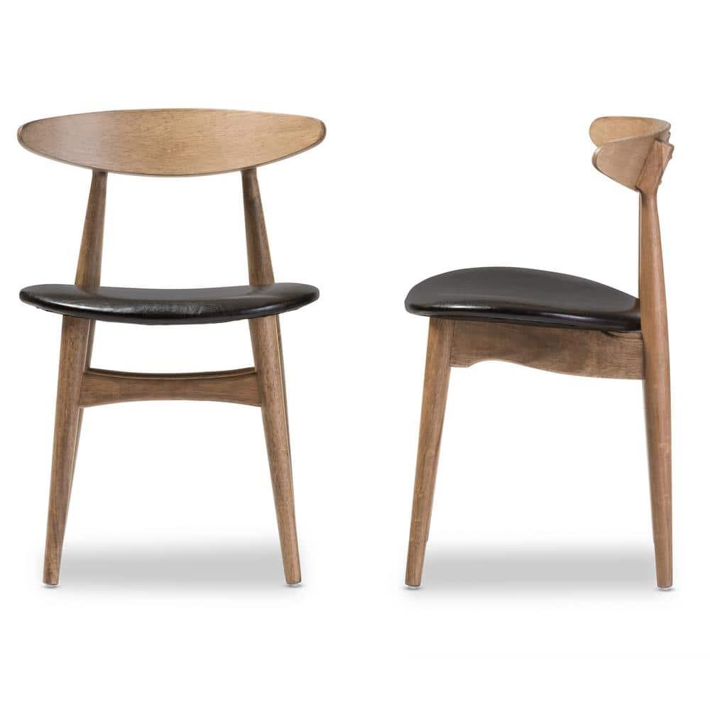 Set of 2 Edna Mid-Century Modern Dining Chairs: Black Faux Leather & Oak - Baxton Studio