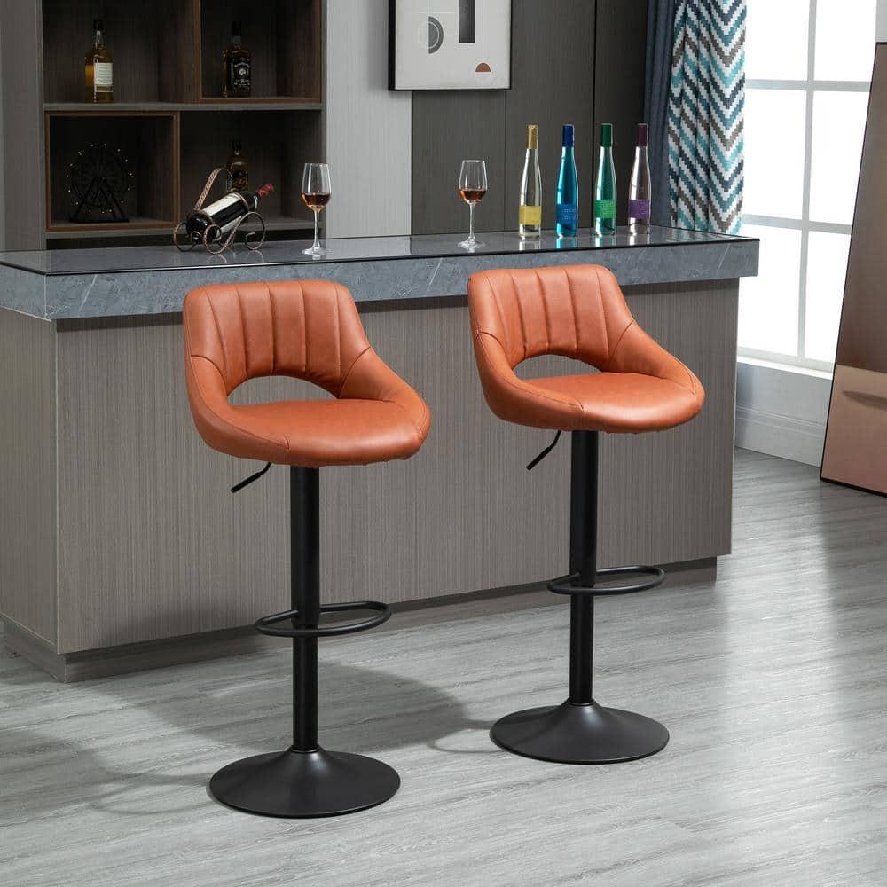 HOMCOM Modern Bar Stools Set of 2 Swivel Bar Height Barstools Chairs with Adjustable Height, Round Heavy Metal Base, and Footrest, Brown