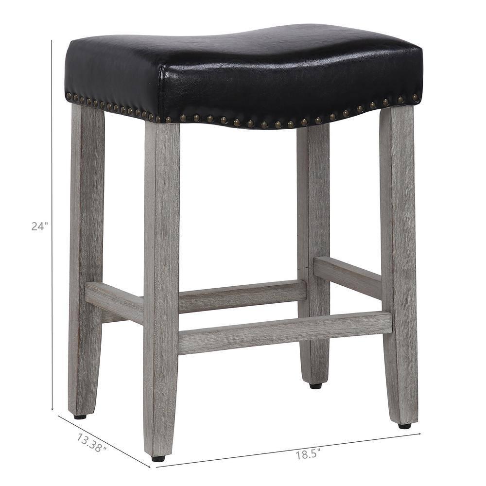 Polytrends Jameson Upholstered Polyester Gray 24 Inch Counter Stool Antique Gray/Black Wood Rubberwood Footrest Leather Glam