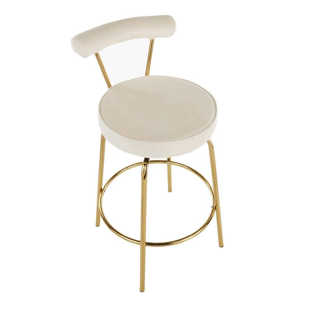 Set of 2 Rhonda Glam Counter Height Barstools Cream Velvet - LumiSource: Gold Finish, Metal Frame, Swivel Function