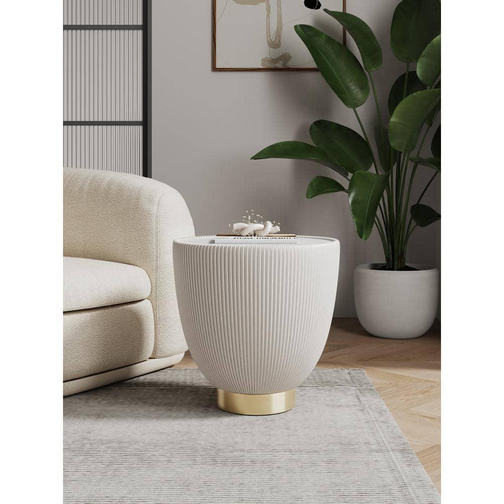 Manhattan Comfort Anderson Modern Leatherette Upholstered End Table with Ceramic Faux Marble Tabletop Cream: Round, No Assembly, Stainless Steel Frame