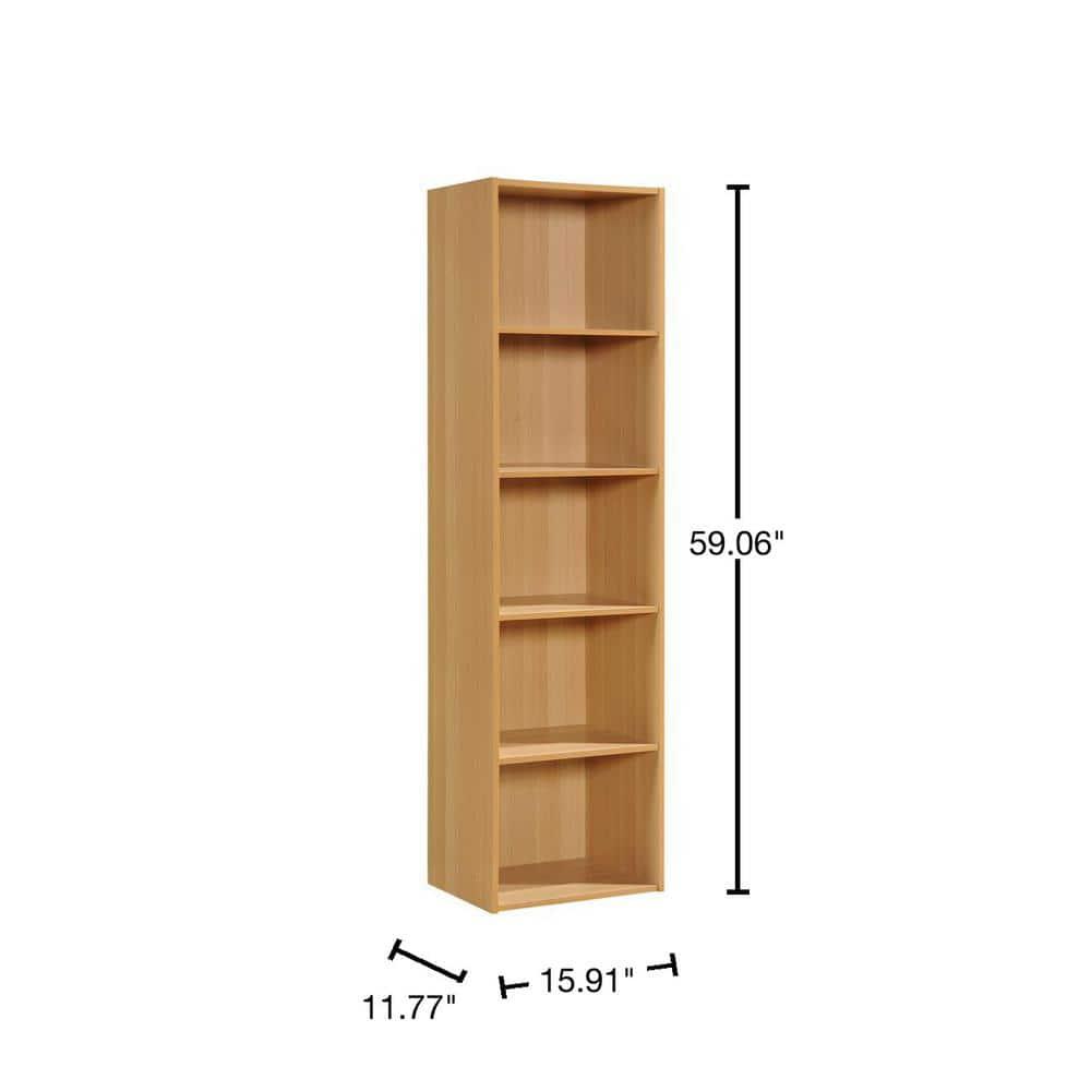 Hodedah 12 x 16 x 60 Inch 5 Shelf Bookcase and Office Organizer Solution for Living Room, Bedroom, Office, or Nursery, Beech Wood Finish