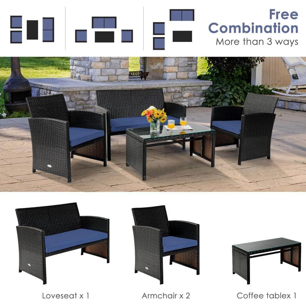 Resenkos 4 Pieces Outdoor Rattan Furniture Set, Wicker Furniture Sets, Patio Conversation Sets with Coffee Table Cushioned Sofa-Red