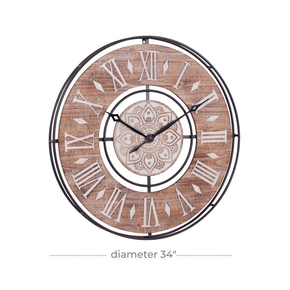 DecMode 34" Brown Metal Floral Wall Clock with Wood Accents