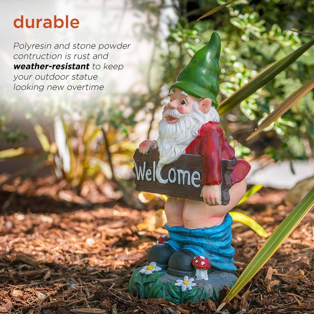 22"H Ceramic Outdoor Sculpture - Alpine Corporation: Garden Gnome with Welcome Sign, Mythical Decor