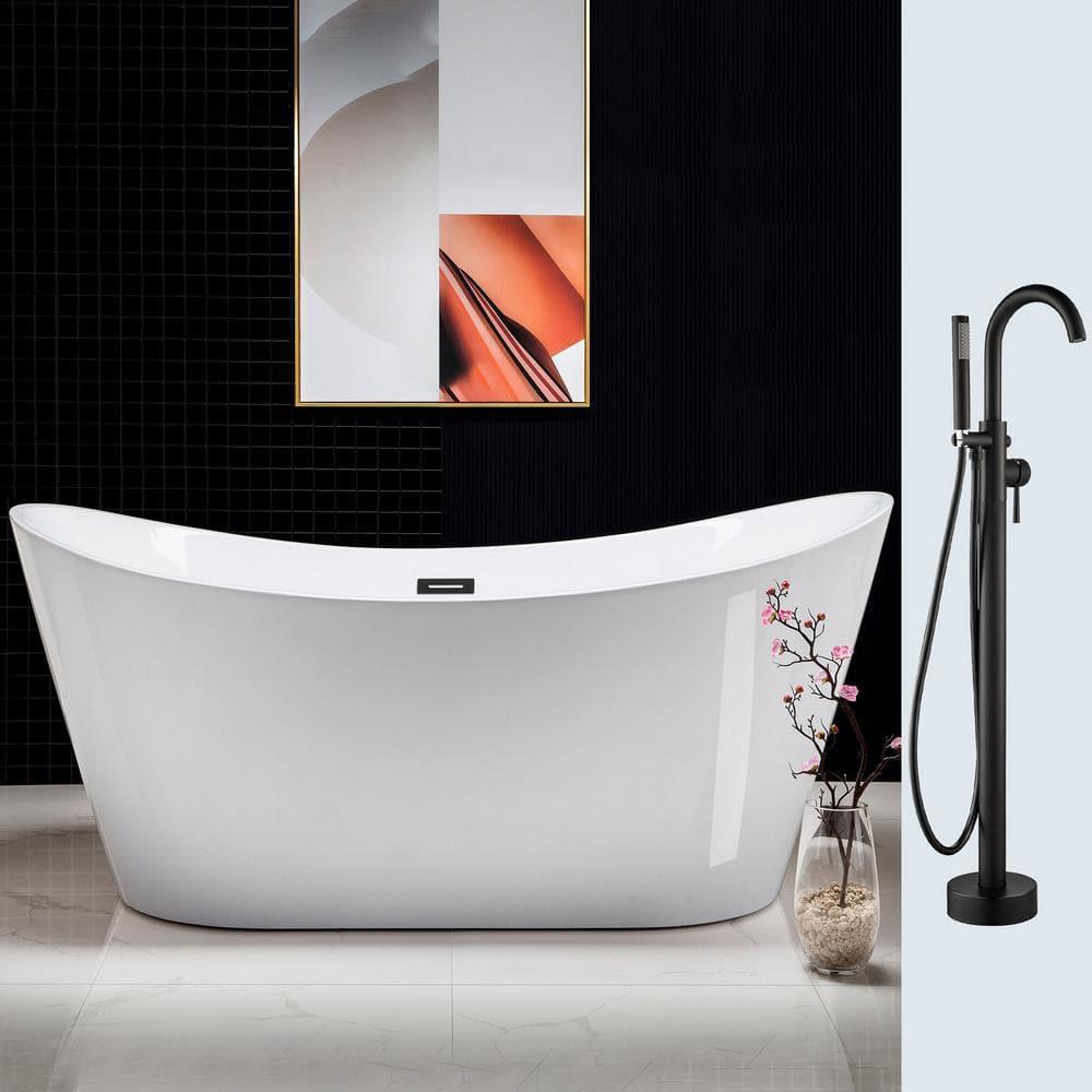 WOODBRIDGE 67" Acrylic Freestanding Bathtub Contemporary Soaking White Tub with Matte Black Overflow and Drain,B0010-MB-Drain &O