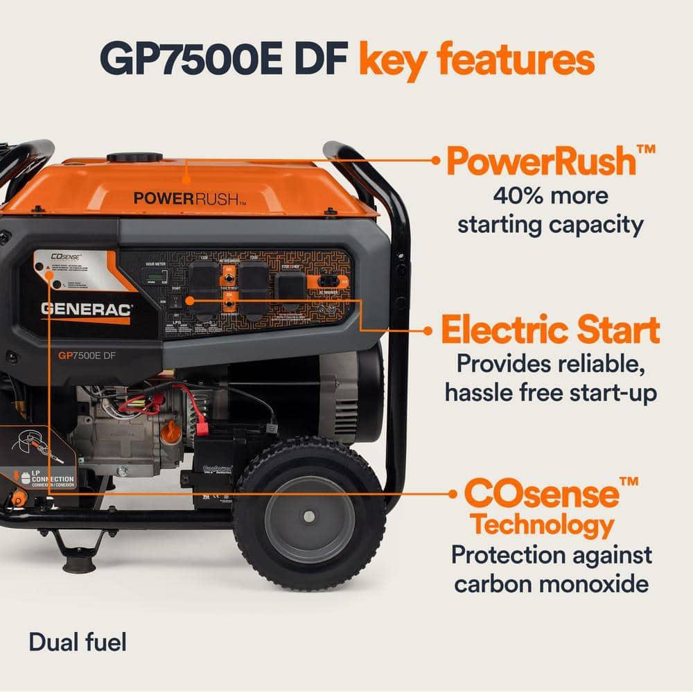Generac 8011 GP7500E 7,500-Watt Dual-Fuel Compatible Portable Generator, 49-ST