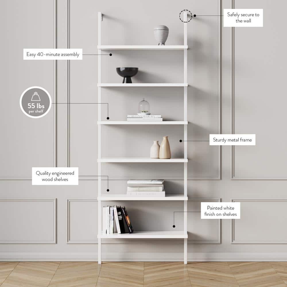 Nathan James Theo 6-Shelf Tall Bookcase Wall Mount Bookshelf White Wood with White Metal Frame White