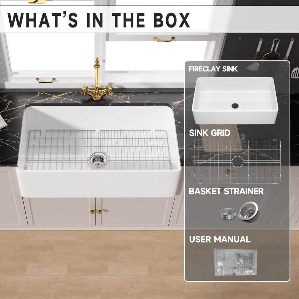 TUKTUK White Farmhouse Sink 36 inch Fireclay Farm Sink Apron Front Single Bowl Kitchen Sinks Deep Large Capacity Porcelain Ceramic Sink Undermount Luxury Bottom Grid & Strainer Drain Included